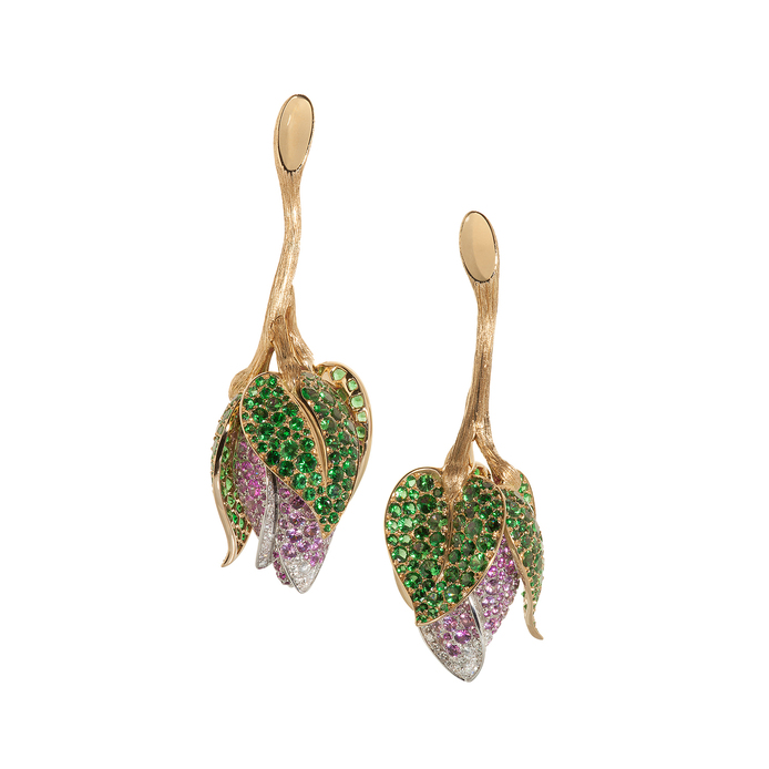 NUUN 'Blossom' earrings with 1.70 ct diamonds, sapphires, and tsavorites in 18k yellow gold
