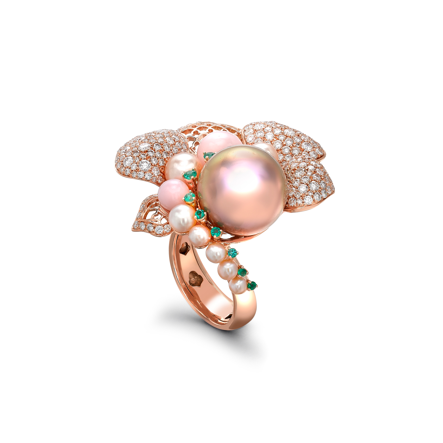 Sarah Ho 'Peony Dusk' ring in pearls, diamonds, tsavorites and chalcedony