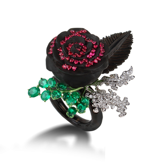 Bina Goenka ring with 0.78ct Burmese ruby, emeralds, colourless diamonds, petrified wood and black coral
