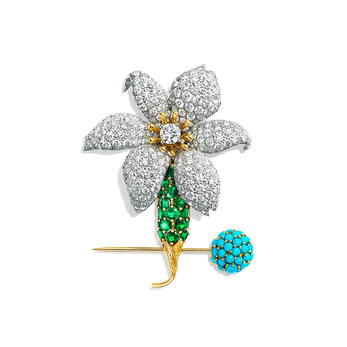 Брошь Tiffany&Co 'Schlumberger Orchid' из желтого золота с изумрудами, бирюзой и бриллиантами