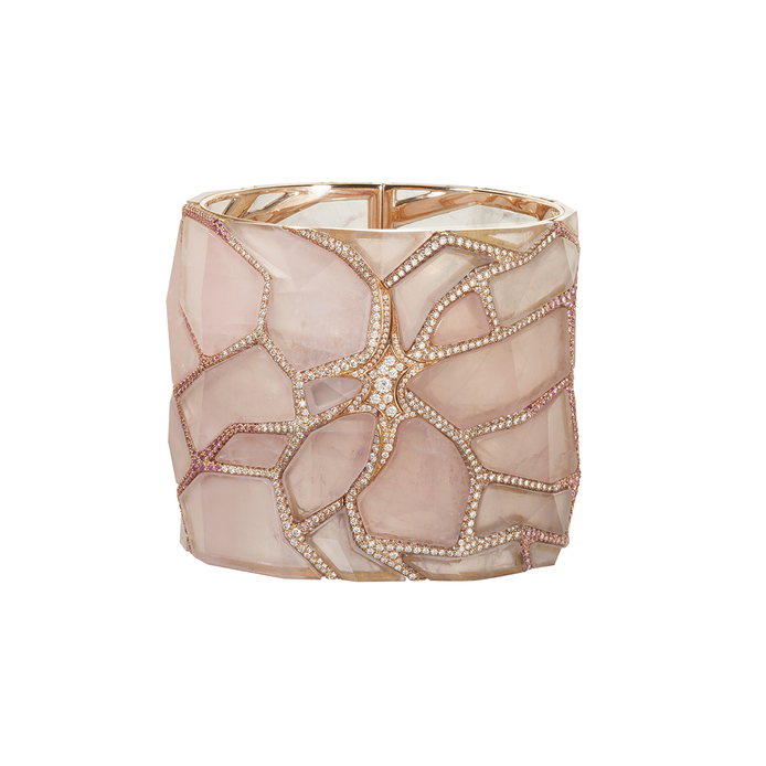 NUUN cuff with rose quartz, diamonds, rubies and pink sapphires and 18k yellow gold 
