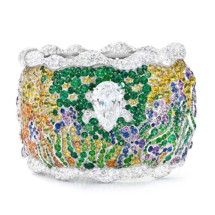 'Van Gogh Iris' cuff in fancy pink, fancy yellow and colourless diamonds, sapphires, demantoid garnets, tsavorites, spessartites garnets, and yellow tourmalines 