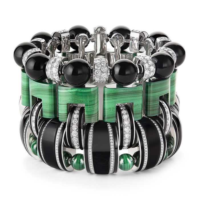 'Graphique' cuff with malachite, onyx and diamonds in 18K white gold