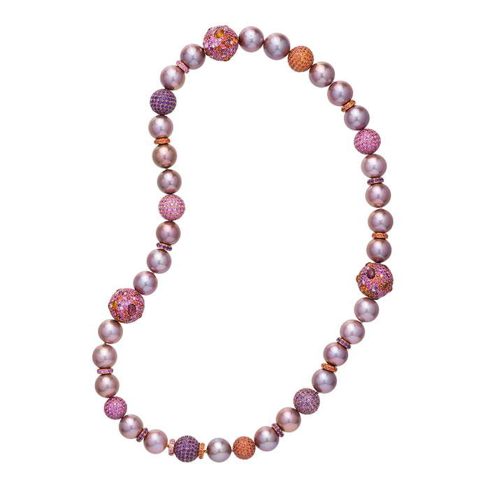 Necklace with natural coloured cultured pink pearls accented with 30.83ct diamonds, blue sapphires, pink sapphires, orange sapphires, amethysts, and pink tourmaline in 18k rose gold