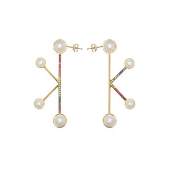 Серьги 'Gemini' из 18k желтого жемчуга с пресноводным жемчугом, аметистами, аквамаринами, танзанитами, рубинами и сапфирами