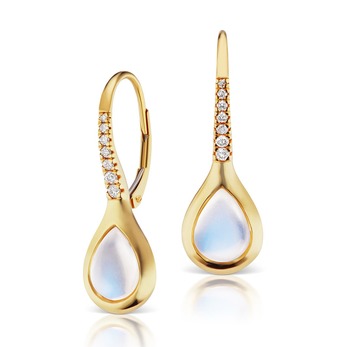 'Drop' collection small hoop earrings with moonstone and diamonds in 18k yellow gold