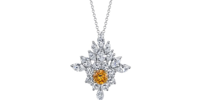 'The Vault' transformable pendant / brooch with 0.99ct fancy intense orange diamond and colourless diamonds in 18k yellow gold and platinum 