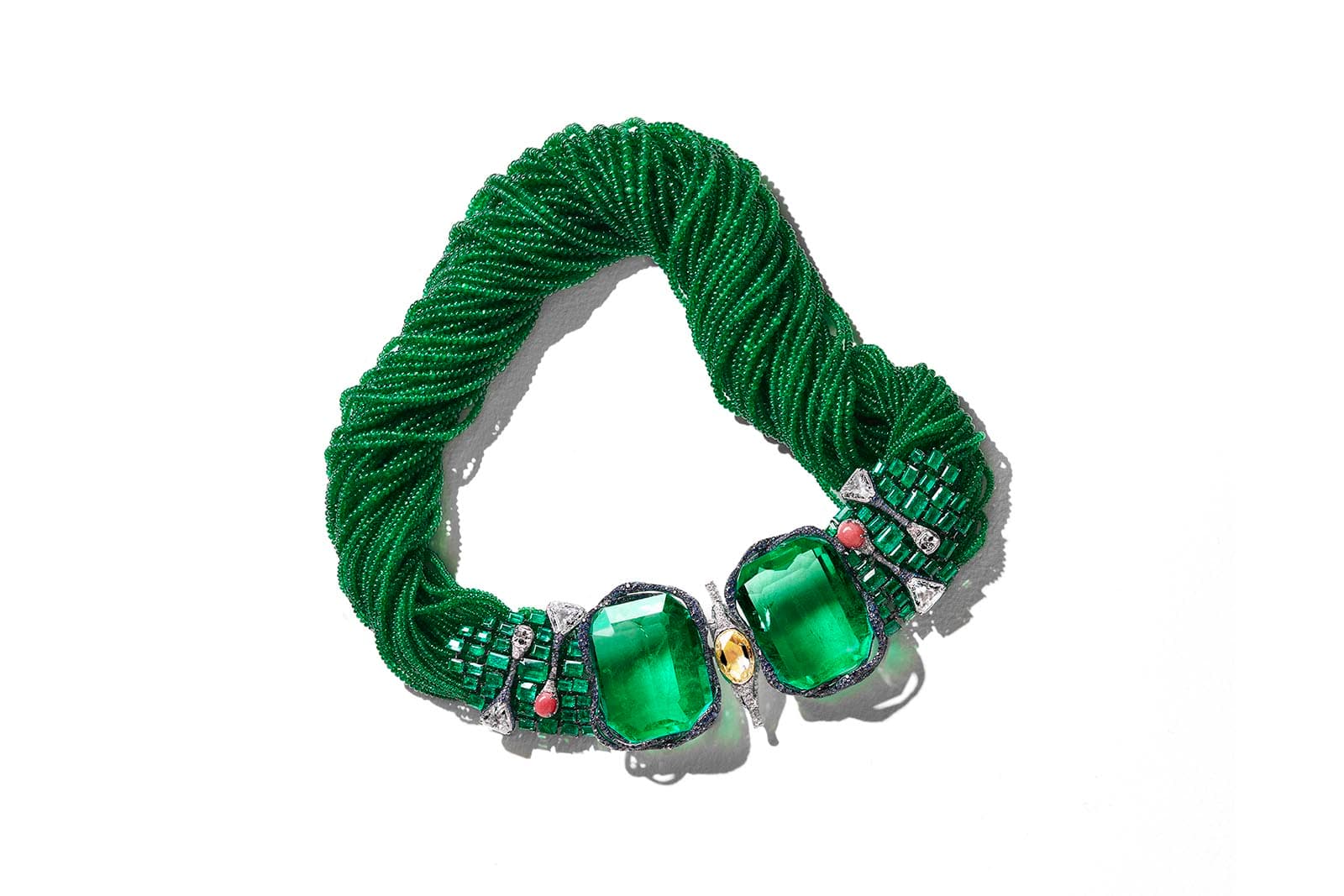 <p>2019 Black Label Masterpiece VII ‘Emerald Architectural Necklace’ with a pair of emerald cut Colombian emeralds of 100ct and 99ct respectively, 10,000 green emerald beads, custom baguette cut emeralds, conch pearls, sapphires and diamonds</p>