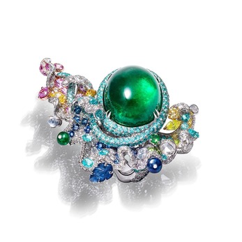  ‘Aria’ ring with 22.82ct cabochon emerald, paraiba tourmalines, sapphires, diamonds and garnets in 18k white gold