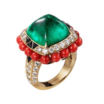 'Résonances de Cartier' ring with sugarloaf emerald, brilliant cut diamonds, coral beads and onyx in 18k yellow gold
