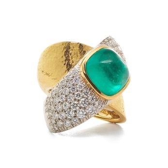 'X' ring with cabochon emerald and brilliant cut diamonds in 18k gold and platinum