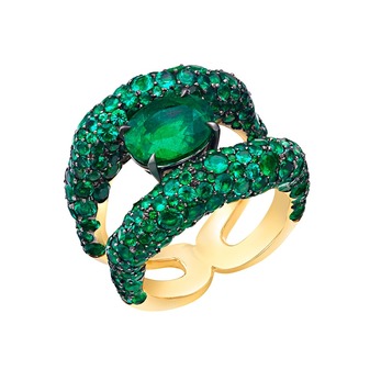 ‘Charmeuse’ ring from the ‘Emotion’ collection with central oval cut emerald and more than 300 pavé set emeralds in 18k yellow gold
