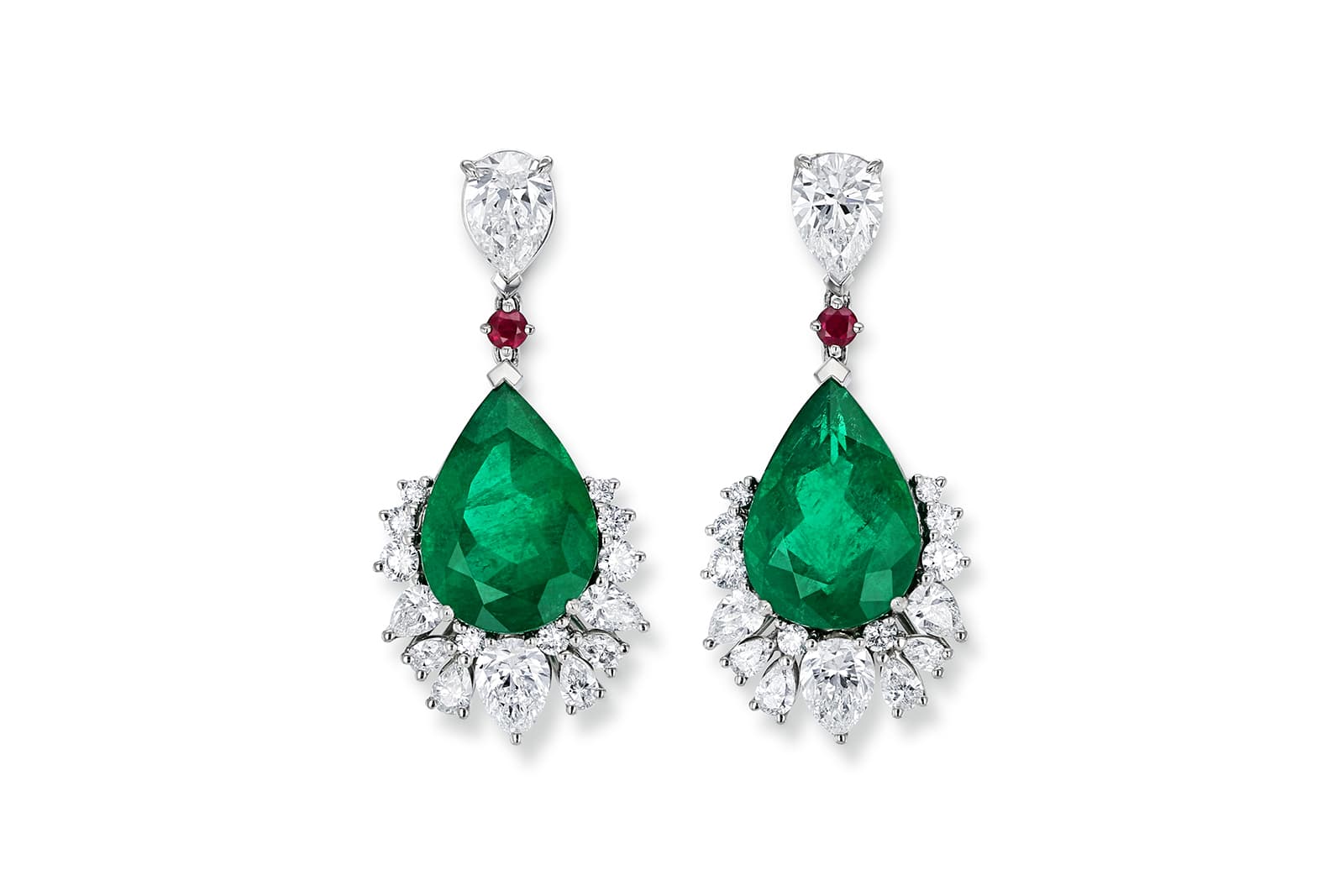 <p>Drop earrings with pear cut emeralds, diamonds and rubies in 18k white gold</p>