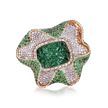 ‘Medusa’ ring with 17.55ct carved Zambian emerald, 400 Russian diamonds and brilliant cut emeralds in 18k yellow gold