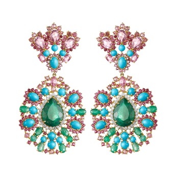 Earrings with 25.50ct emerald, amethyst, diamond, ruby, rubellite and turquoise in 18k yellow gold