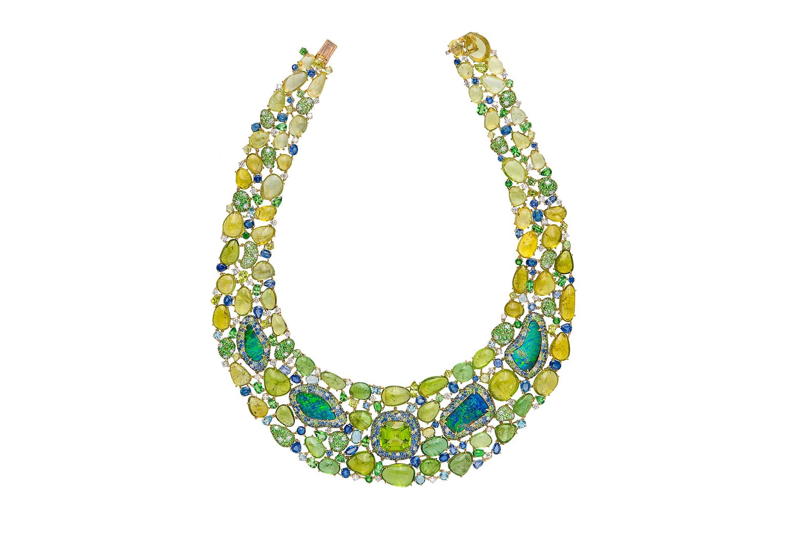 <p> &#8216;Exotic Abundance&#8217; collar necklace with tsavorite, aquamarine, sapphire, peridot, diamonds and black opals in 18k yellow gold</p>
