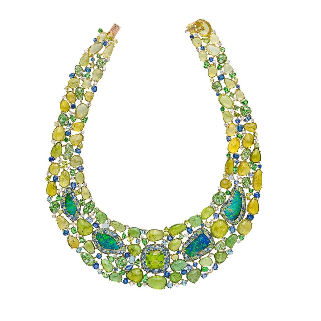 'Exotic Abundance' collar necklace with tsavorite, aquamarine, sapphire, peridot, diamonds and black opals in 18k yellow gold