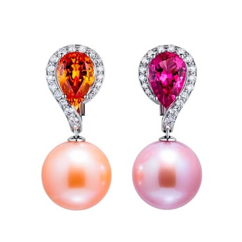 Earrings with freshwater pearls, spessartine garnet, rubellite and diamonds in 18k white gold