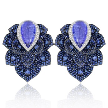 Earrings with tanzanite, sapphire and diamond in 18k white and blackened gold