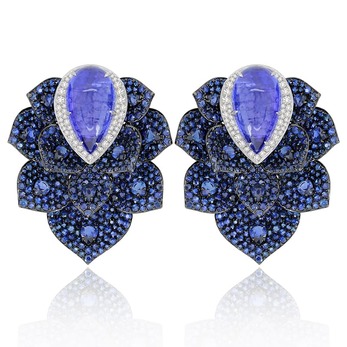 Earrings with tanzanite, sapphire and diamond in 18k white and blackened gold
