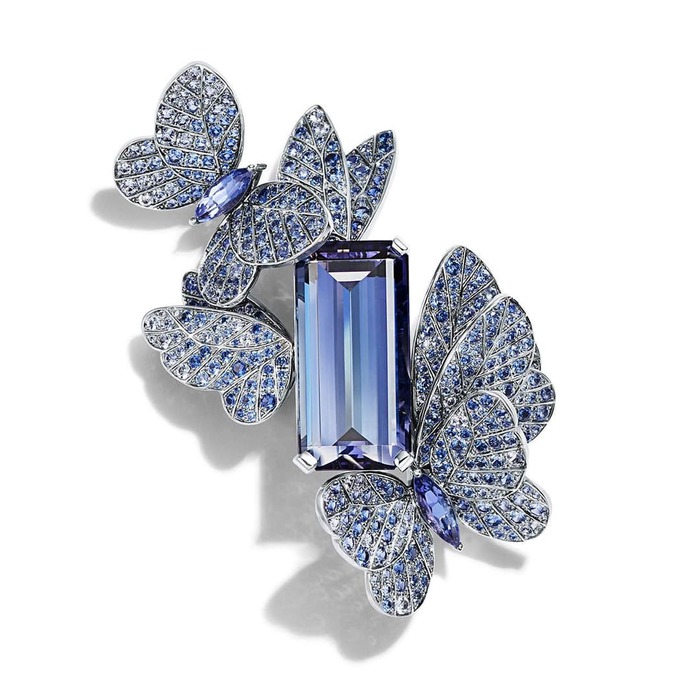 'Blue Book 2018' collection brooch with an emerald cut tanzanite of over 27ct, round and marquise sapphires of over 5ct, and round brilliant diamonds in platinum