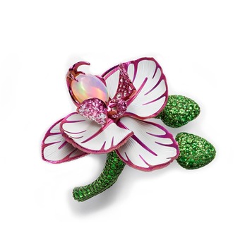 'Orchid' earrings from the 'Red Carpet 2019' collection with opal, tsavorite, pink sapphire, and diamond in ceramic and titanium